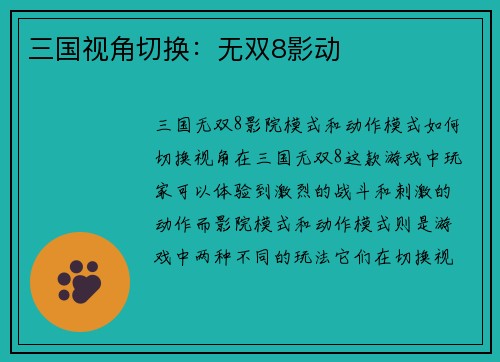 三国视角切换：无双8影动