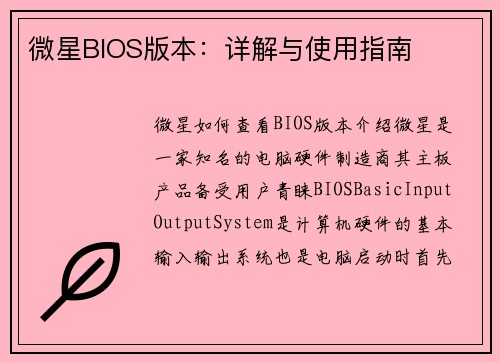 微星BIOS版本：详解与使用指南