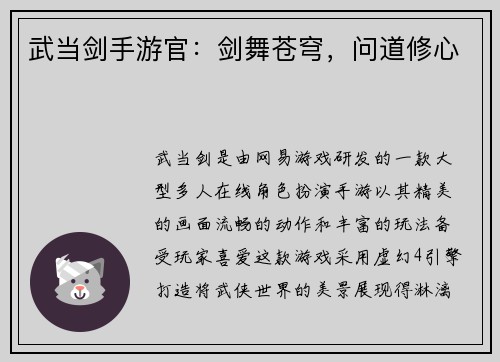 武当剑手游官：剑舞苍穹，问道修心